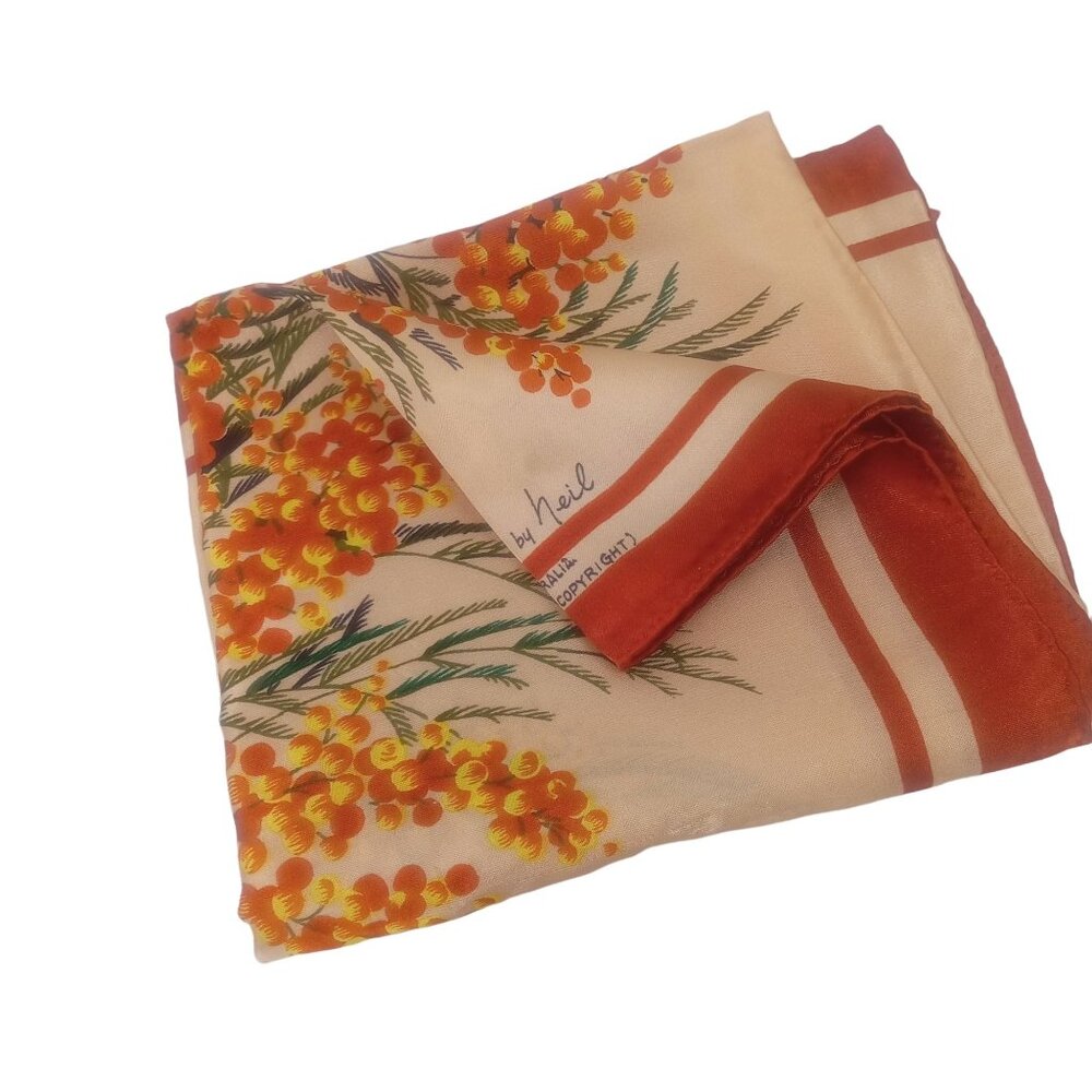 Vintage Australia Souvenir Square Large Scarf Wattle Flower Signed Neil AS IS - Picture 12 of 15